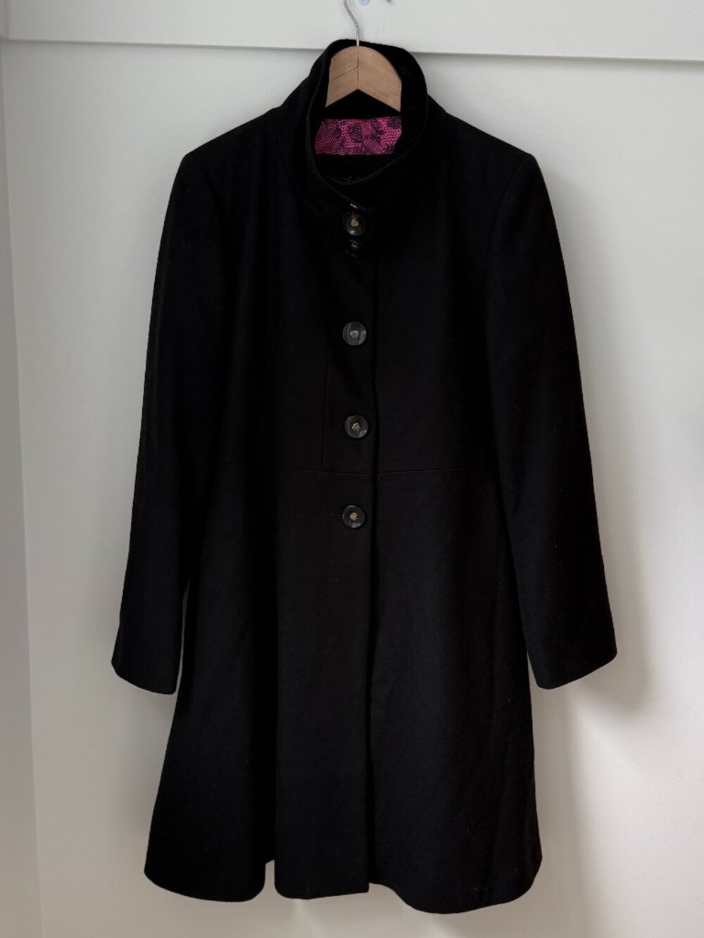 Vintage BETSEY JOHNSON Black Flare Coat Velvet Collar Heart Buttons Pink Lining